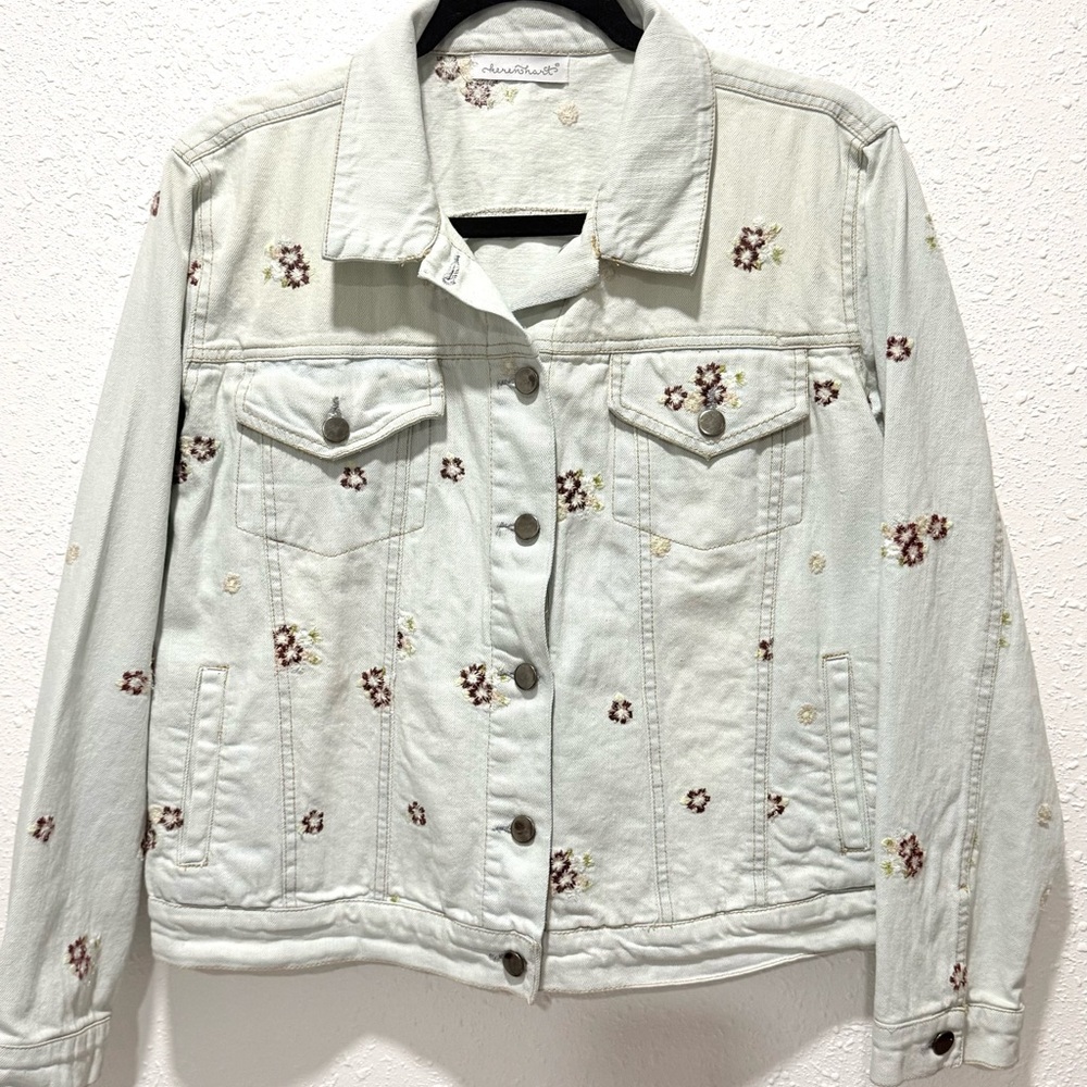 KEREN hart Light Denim Jacket with Floral embroidered Accents M
